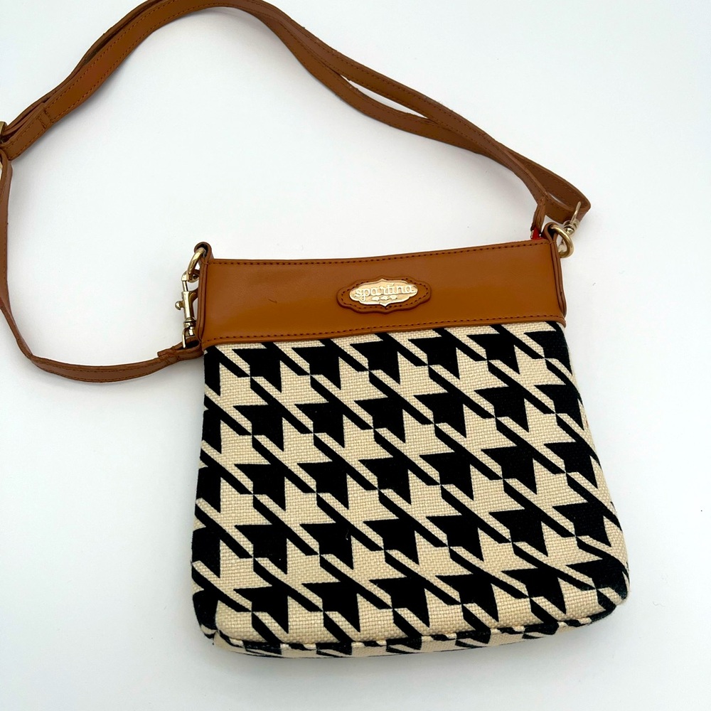 Spartina 449 black cream Houndstooth Crossbody linen brown leather bag. EUC prep